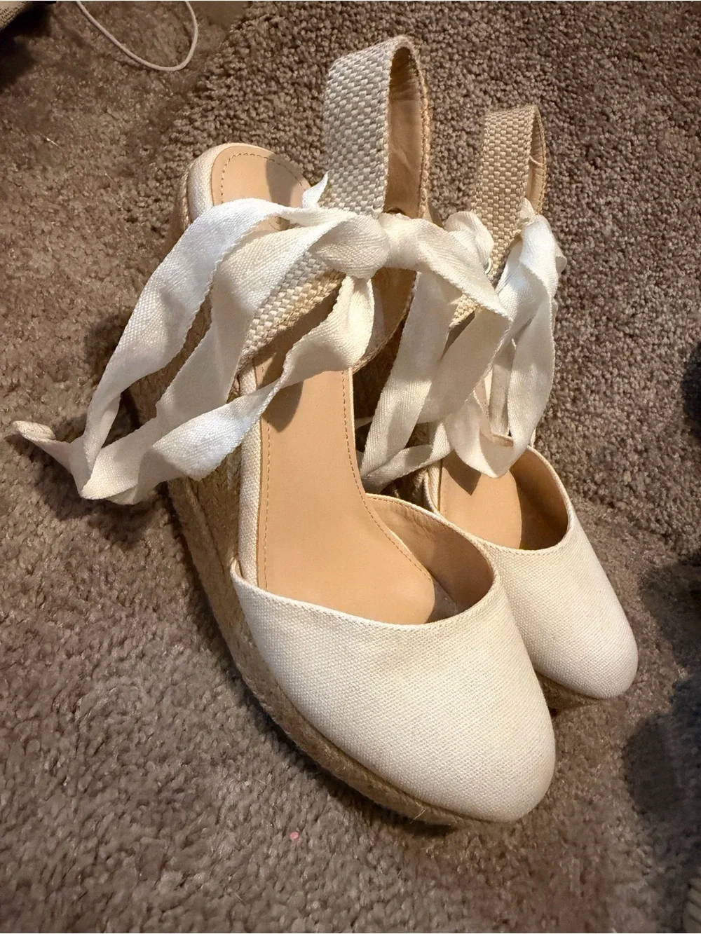 Women's Cream Espadrille Wedge Sandals with Ankle Tie